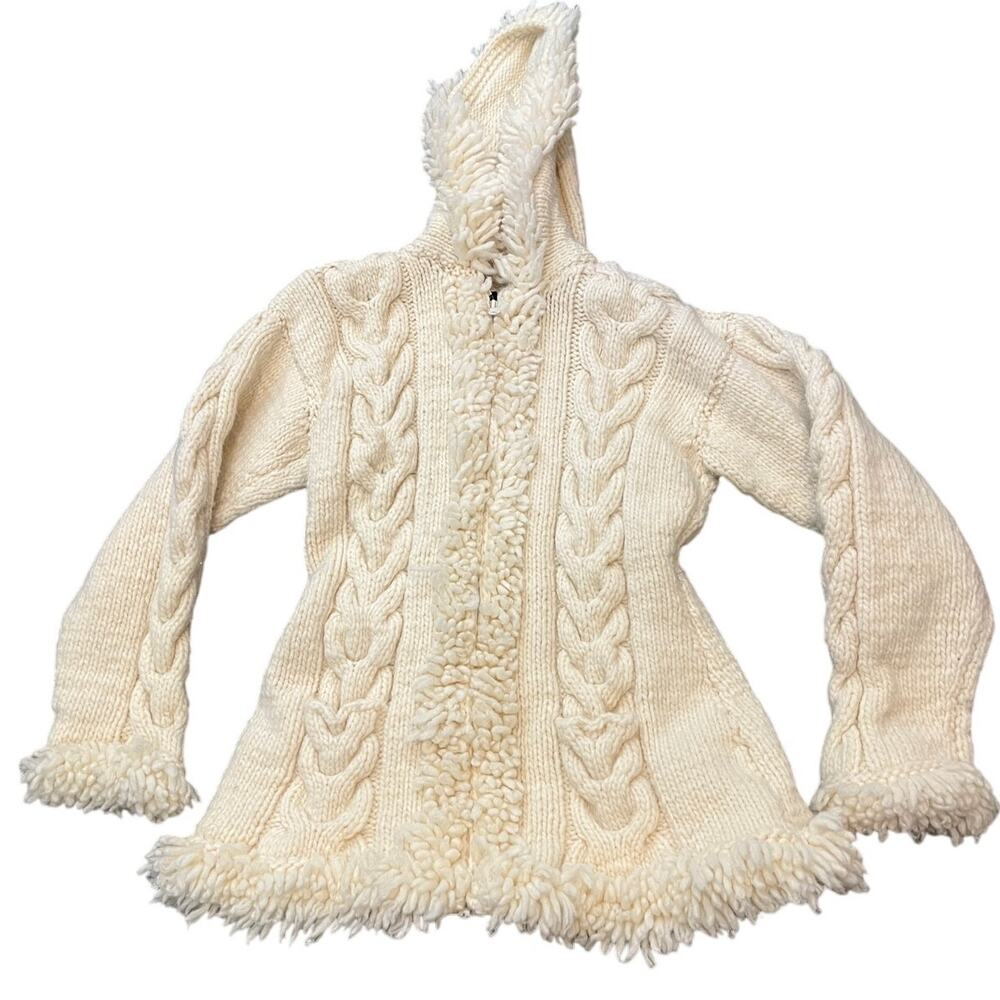 Sisandina Wool Sweater Womens XS/S Cream Handknit Zip Front Penny Y2K‎ Fringe